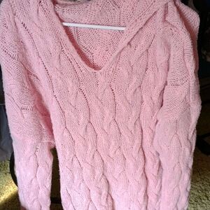 Women’s Pink Cable Knit V-Neck Sweater